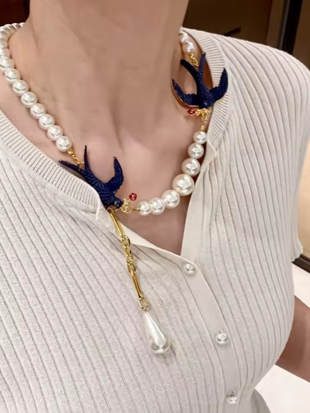 Vintage Etoile Swallow Pearl Lariat Necklace - Picture 4 of 4